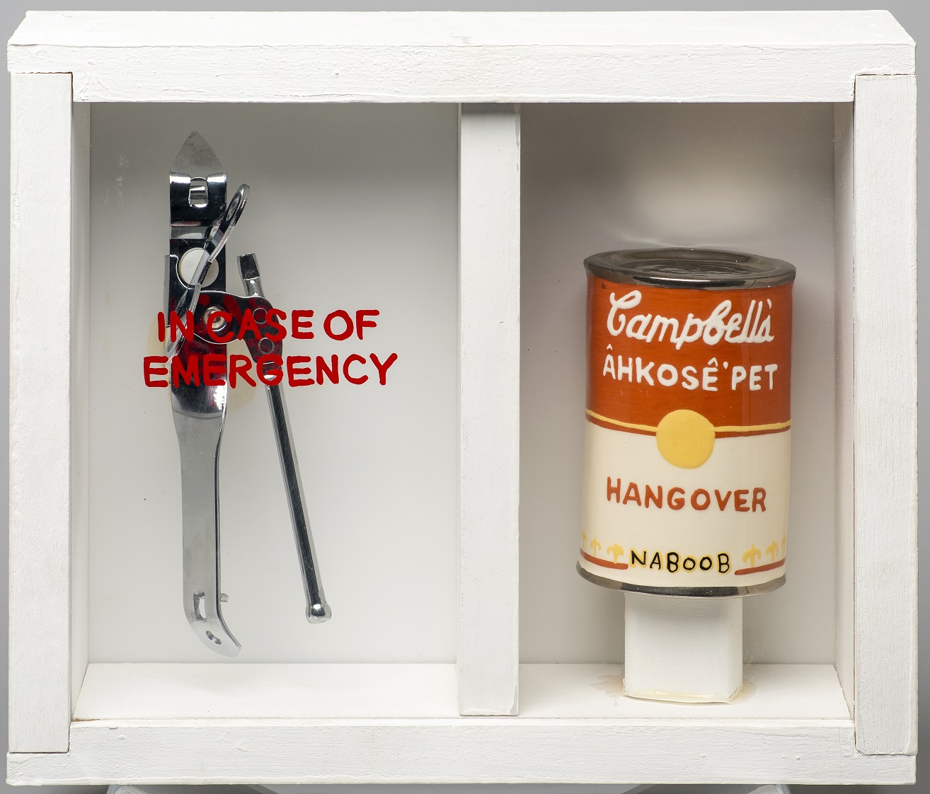 <small>"Elizabeth Judy Chartrand (b. 1959), Hangover Soup, 2002, ceramic, wood, plexiglass, readymade, © Judy Chartrand. Reproduced with permission. Photograph by the University of Regina."
</small>