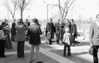 Archival image of graduates from 1974 outside the Center for the Arts in Wascana Centre.